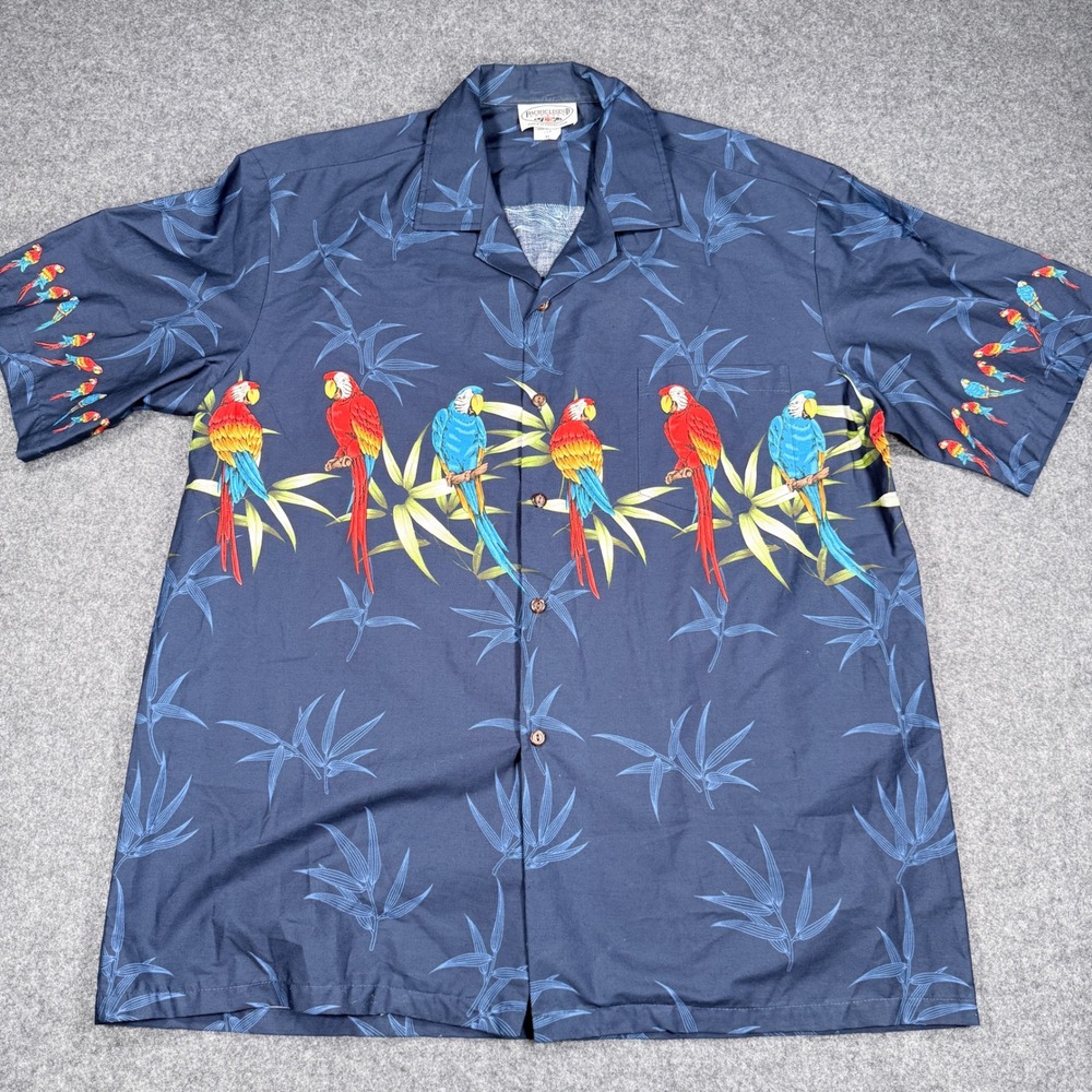 Pacific Legend Hawaiian Shirt Mens XL Navy Blue Parrot Bamboo Cotton Made in USA